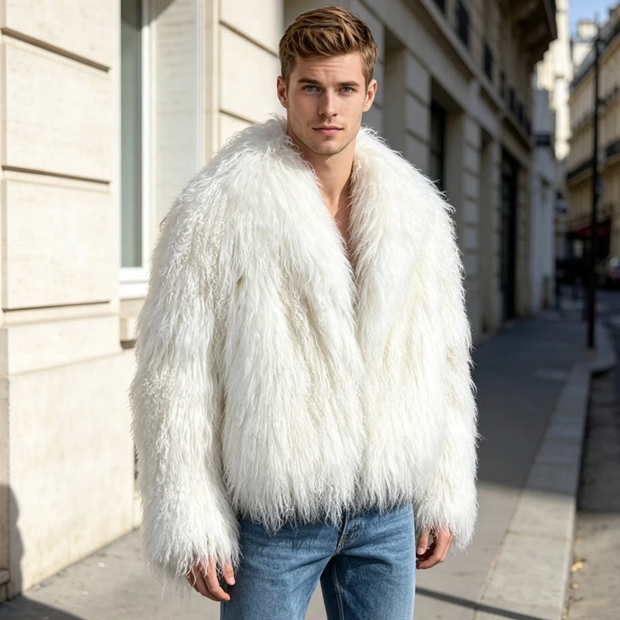 Natural Mongolian Fur Coat Short Fur Coat White Real Lamb Fur Coat With Turndown Collar Fashionable Genuine Fur Jacket Man