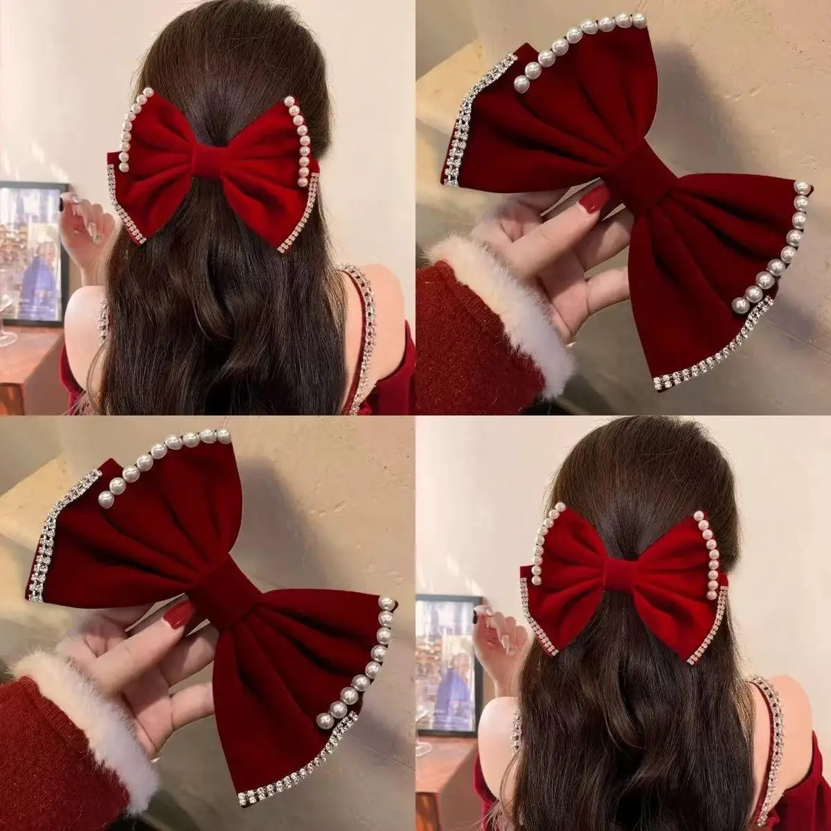 

Autumn/Winter Velvet Pearl Zircon Bow Hair Clips for Women Retro Exquisite Large Headbands Korean Fashion Hair Accessories Gifts