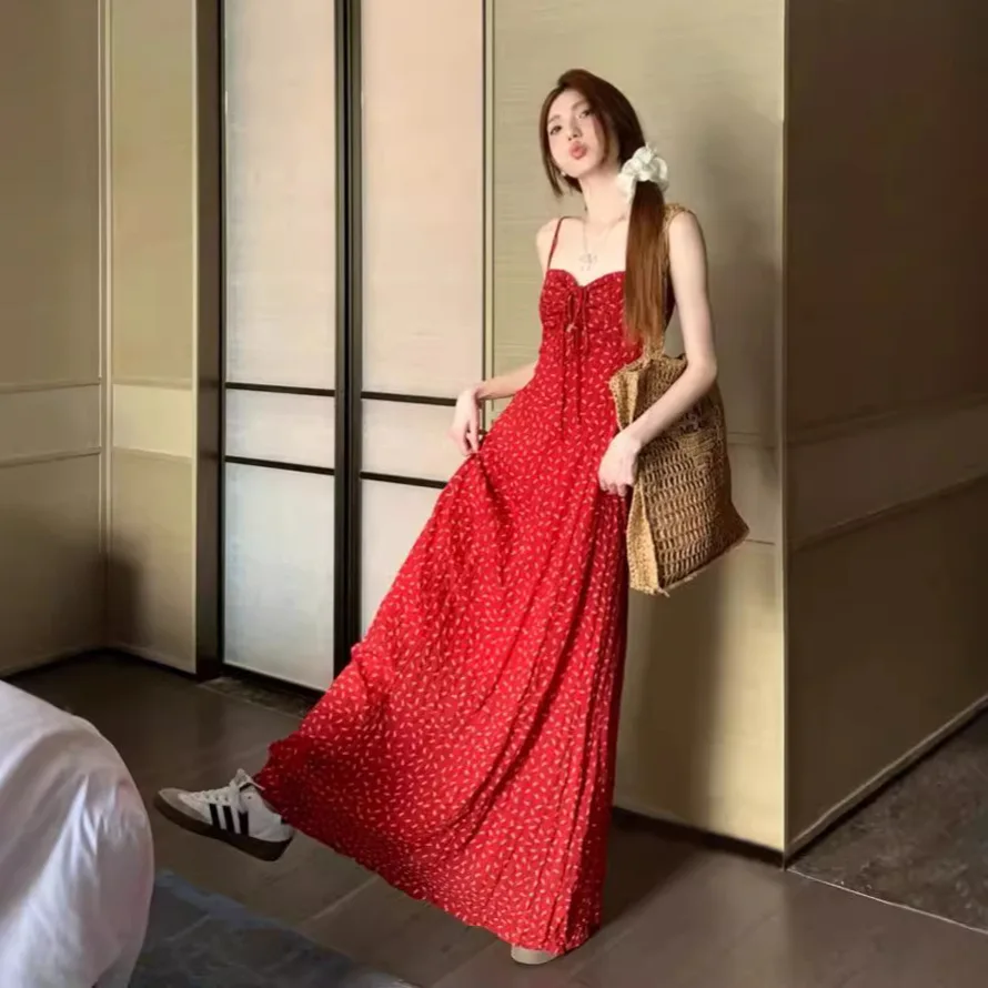 

Vintage Floral Red Women's Summer Spicy Girl Strap Vacation Style Beach Long Dress