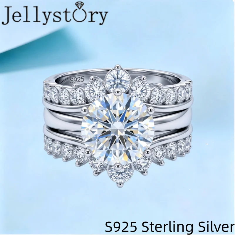 Jellystory 3CT Round Moissanite Ring Set 9MM D Color S925 Silver Bohemian Stackable Wedding Rings 9mm Solitaire Bridal Jewelry