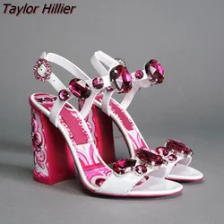 Summer New Bohemia Rhinestone Thick Heel Sandals Fashion Open Toe Print Gemstone Buckle Strap Dress High Heels Ladies 6cm/10cm