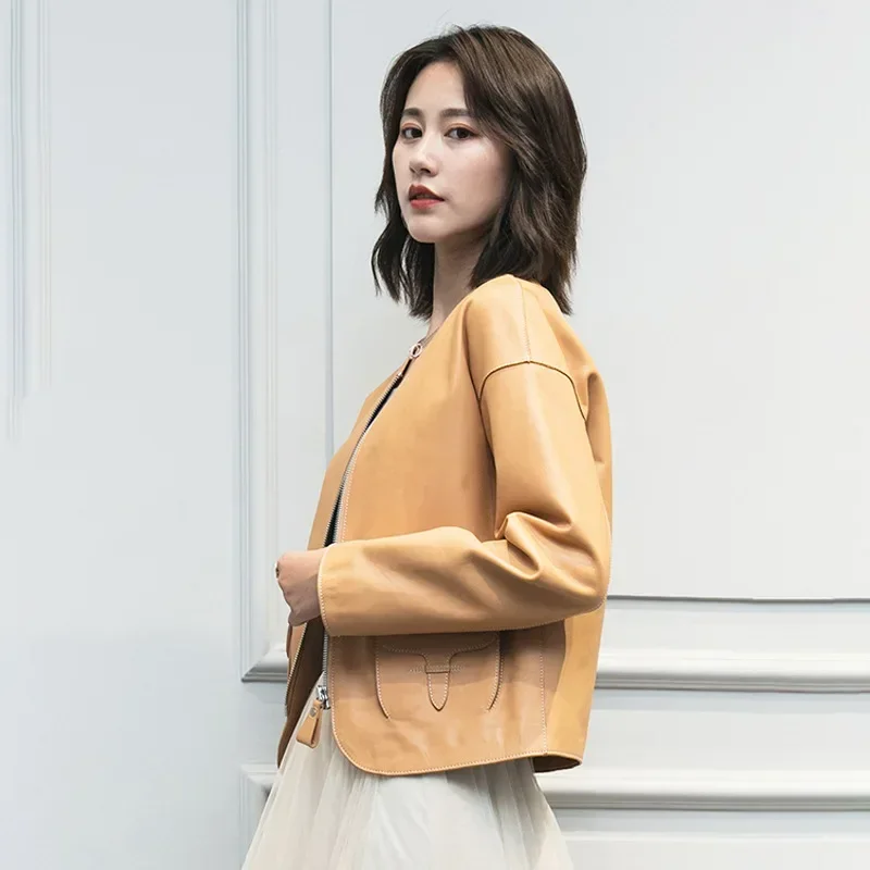 Tajiyane Musim Semi Musim Gugur Kulit Asli Jaket Kulit Domba Mantel Korea Kasual Moto Pendek Wanita Mantel Jaket Wanita F681 WPY340