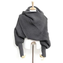 Autumn and Winter Women's Knitted Woolen Scarf Thickened Super Long Neck Shawl Unisex with Sleeves Scarf Black Scarf Bandanas