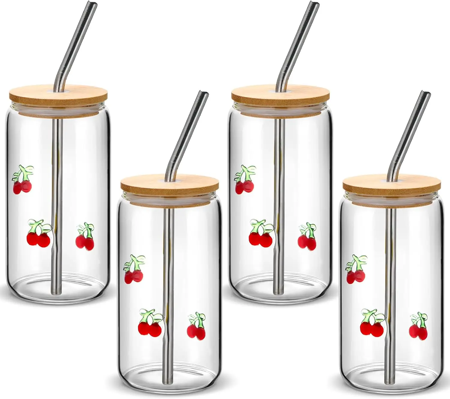 

4 Pcs Icon Juice Glass Tumblers - 17 oz Cherry Icon Glass Cups with Lid, Straw and Cleaning Brush, Tea Beer Coffee Soda
