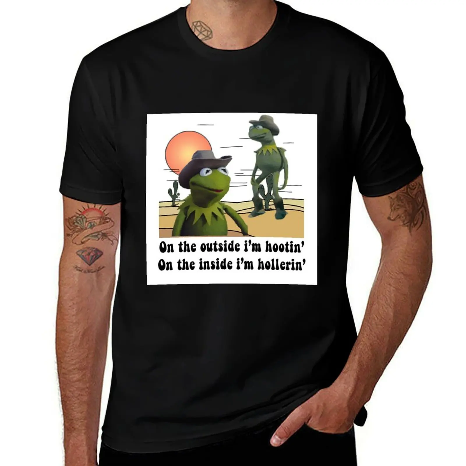 

On the outside i'm hootin on the inside i'm hollerin kermit cowboy meme T-Shirt cotton t shirt man essential t shirt T-shirt