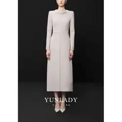 YUNLAN Luxury Beaded Dubai Burgundy Evening Gown 2024 Elegant Ladies Wedding Guest Long Sleeve Crepe Midi A-Line Party Dress