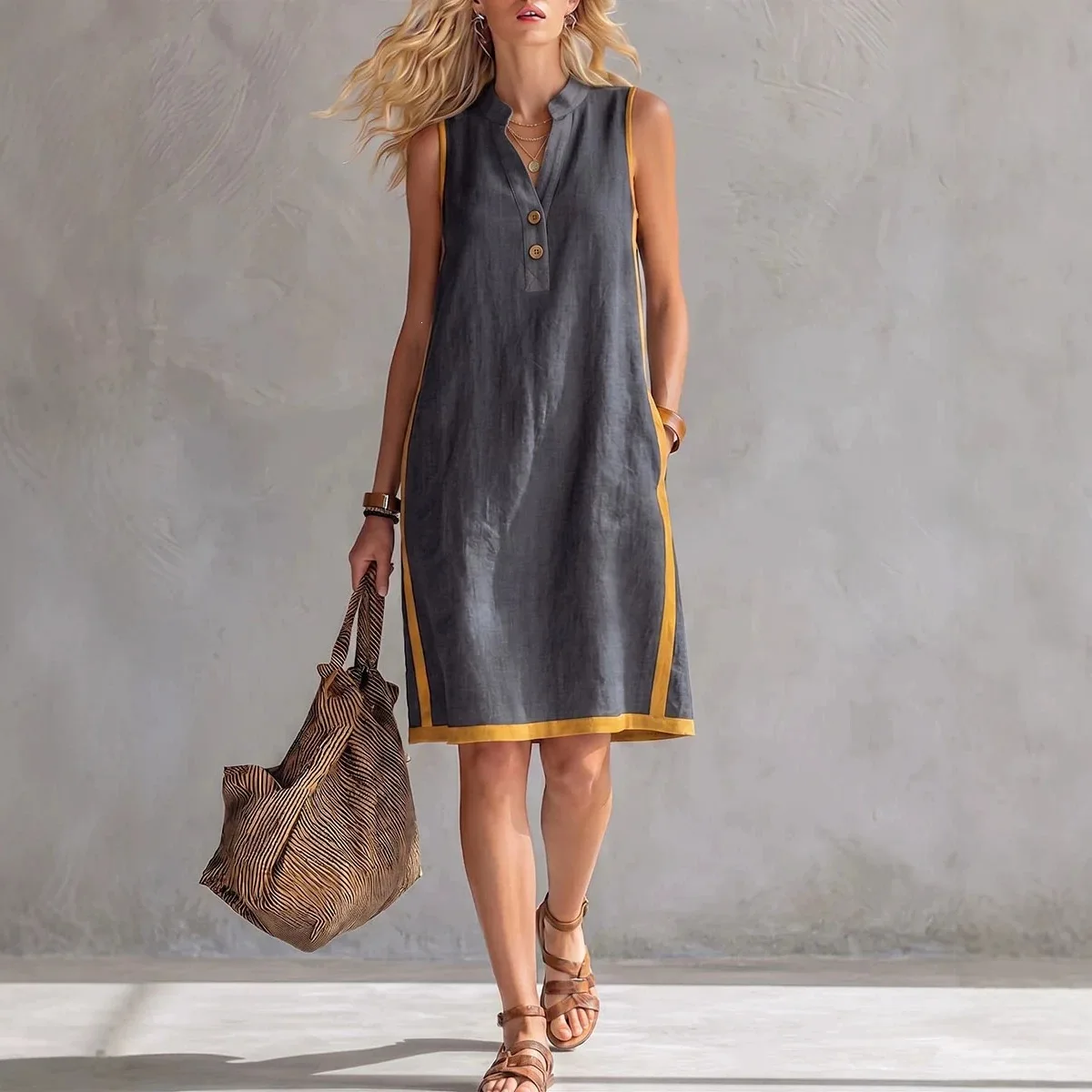 Summer New Cotton Linen Color Block Sleeveless Midi Dress Women V Neck Button Casual Loose Beach Vacation Tank Short Dress