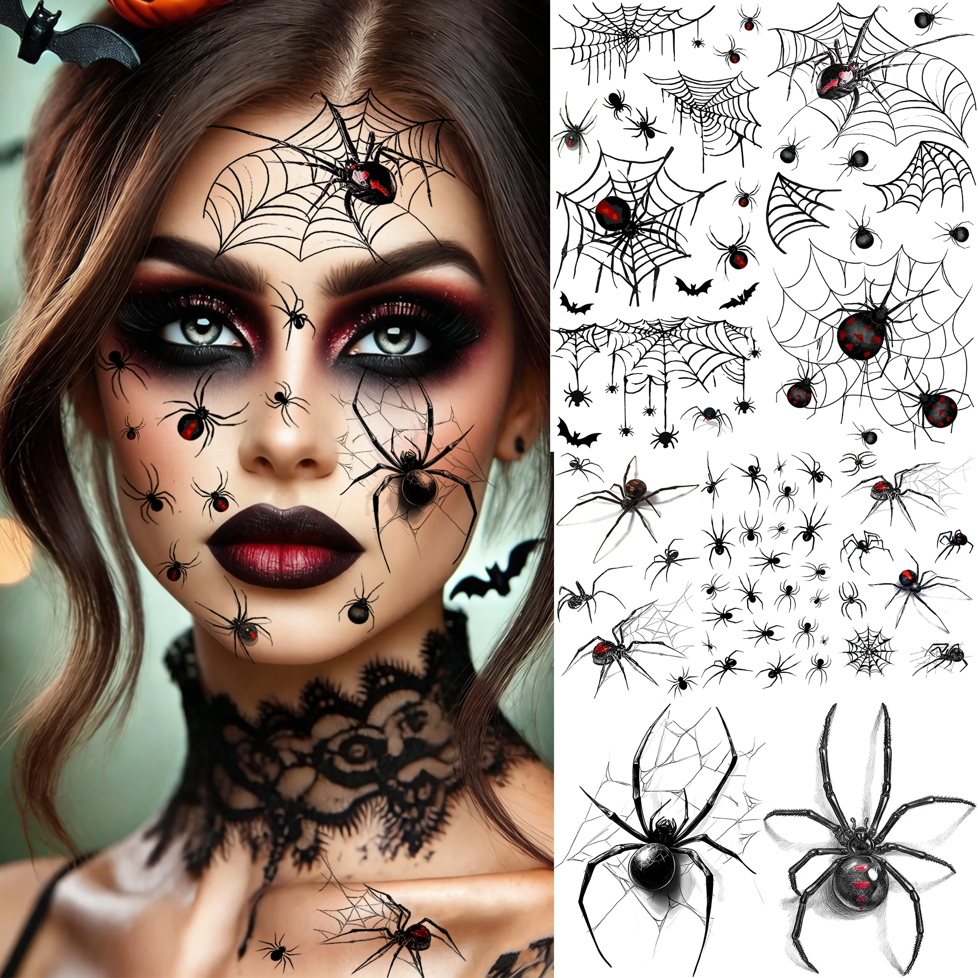 7 Sheets Halloween Horror Spider Web Blood Drip Temporary Tattoos For Adult Face Hand, Waterproof Realistic Fake Tattoo Stickers