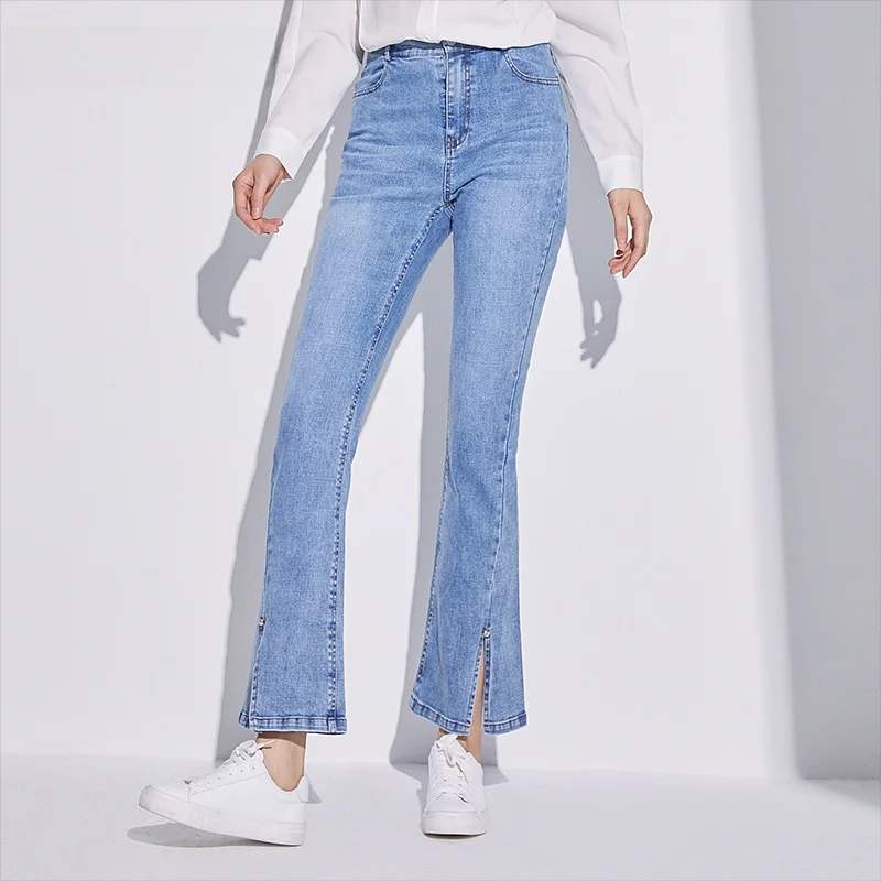 

Джинсы-клеш с высокой талией, светло-голубые, классические, новинка, женские, премиум-качество, хлопок, стрейч, на молнии, длинные брюки
