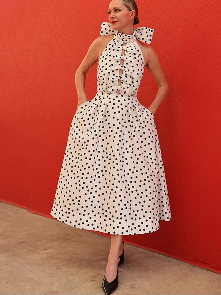 Women Vintage Polka Dot Printed Bow Hollow Halter Dress Elegant Off Shoulder Backless Sleeveless Dresses Chic Lady Party Robes