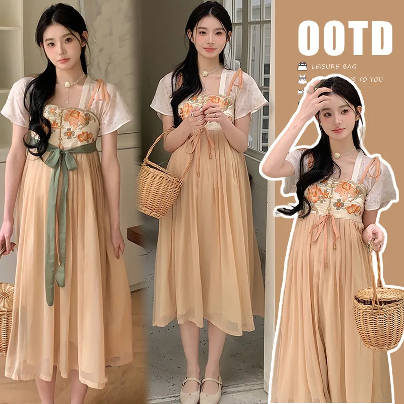 

2025 Summer Maternity Dress - Modern Hanfu Style Embroidered Two-Layer Dress for Pregnant Women, Chic & Comfortable