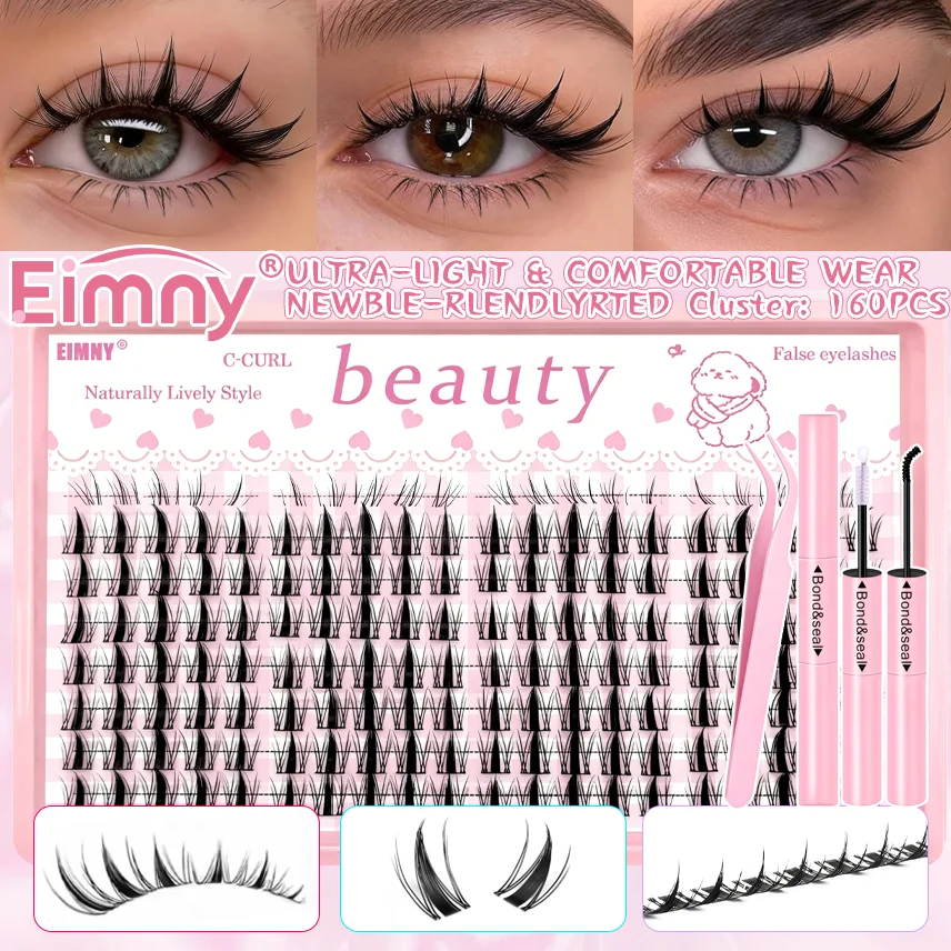 EIMNY 160PCS Wispy Fairy Lash Cluster Kit, All-In-One Comes With Both Top And Bottom Lashes Work For Daily Date And Party Simple