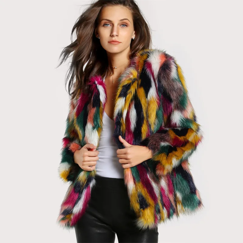 Fashion Contrast Multi Color Faux Fur Coat Long Hairy Shaggy Outwear Women Autumn Winter Short Jacket Coat Tops Women Clothes