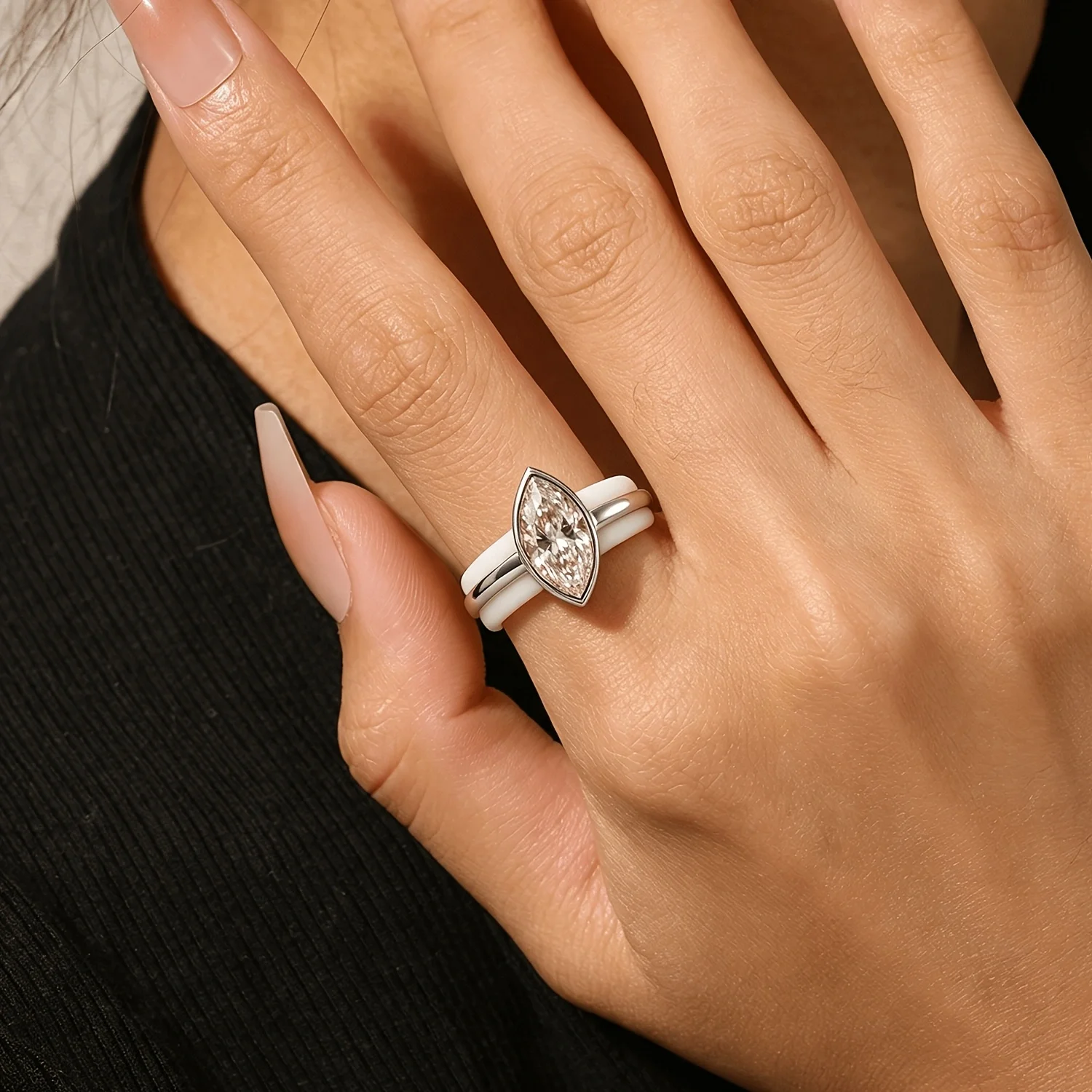 Detachable White Silicone Stackable Metal Ring,Sparkling Marquise Zircon Band,Skin‑Friendly Waterproof Anti‑Friction Ring