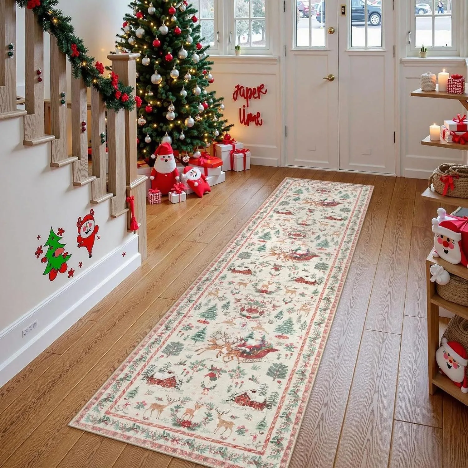 

Non-Slip Christmas Runner Rug Red Hallway Carpet with Santa Tree Pattern Washable Rubber Backing for Entryway Bedroom Decor