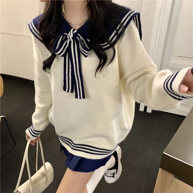 Loose Long Sleeve Navy Collar Sweater Women's Autumn Winter New Style Casual Comfortable Loose Fit Color Block Sweet Style