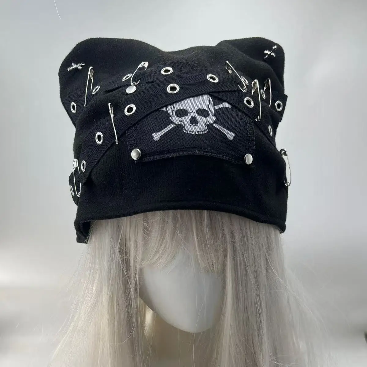 Nihaya Cultural Visual Style Cat Back Gangster Cat Ears Hat for Instagram Photo - Skull Head Retro Ear Cover Head Scarf