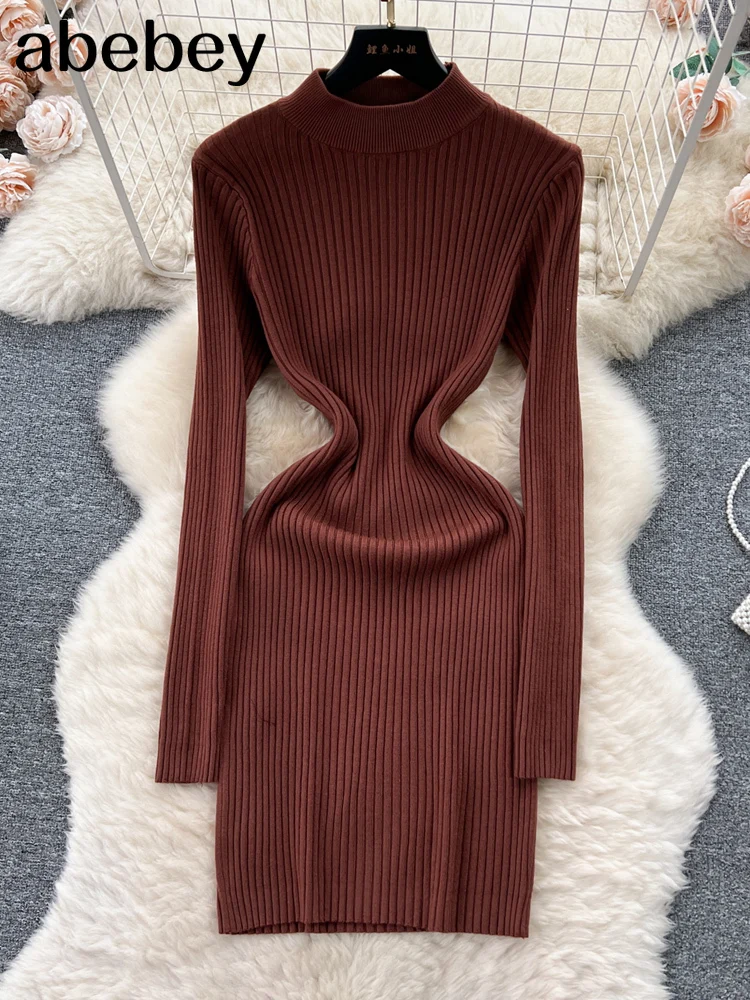 Abito lavorato a maglia autunnale da donna Mezza colletto Collo Abito maglione aderente basic elastico sottile sexy Mini abito caldo lavorato a maglia invernale