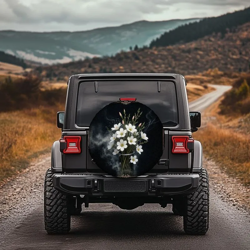 

White Flower Glass Vase Tire Cover Gothic Retro Polyester Outdoor SUV Spare Wheel Protector