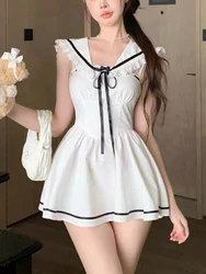 Summer Y2k Elegant Preppy Style Dress Women Fairy Lace Bow Strap Kawaii Dress Female Sweet Pachtwork Slim Party Mini Dress 2024