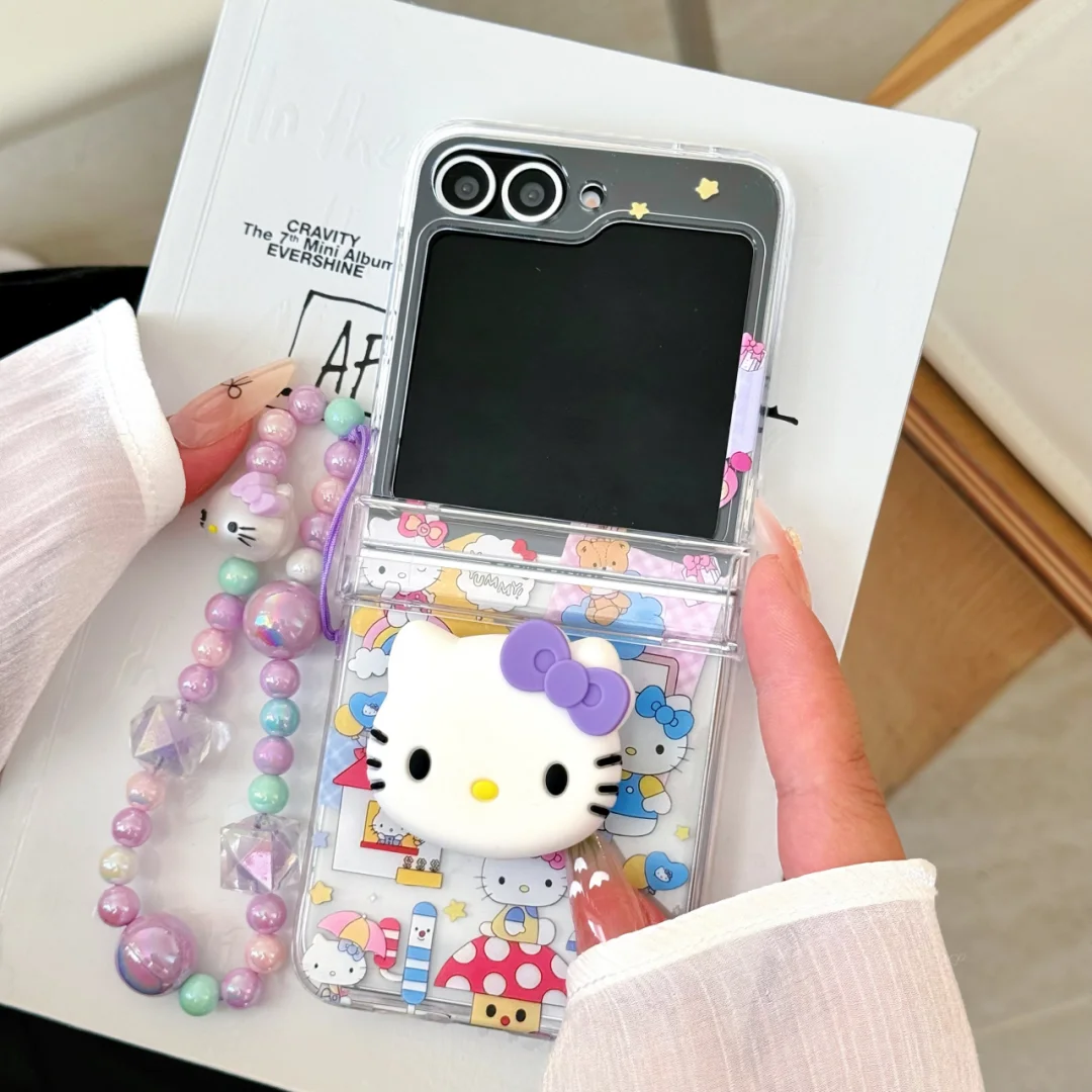 

Illustration stickers Anime KT Stand Holder Lanyard Cute Cartoon Phone Case For Samsung Galaxy Z Flip 7 6 5 4 3 Shockproof Cover