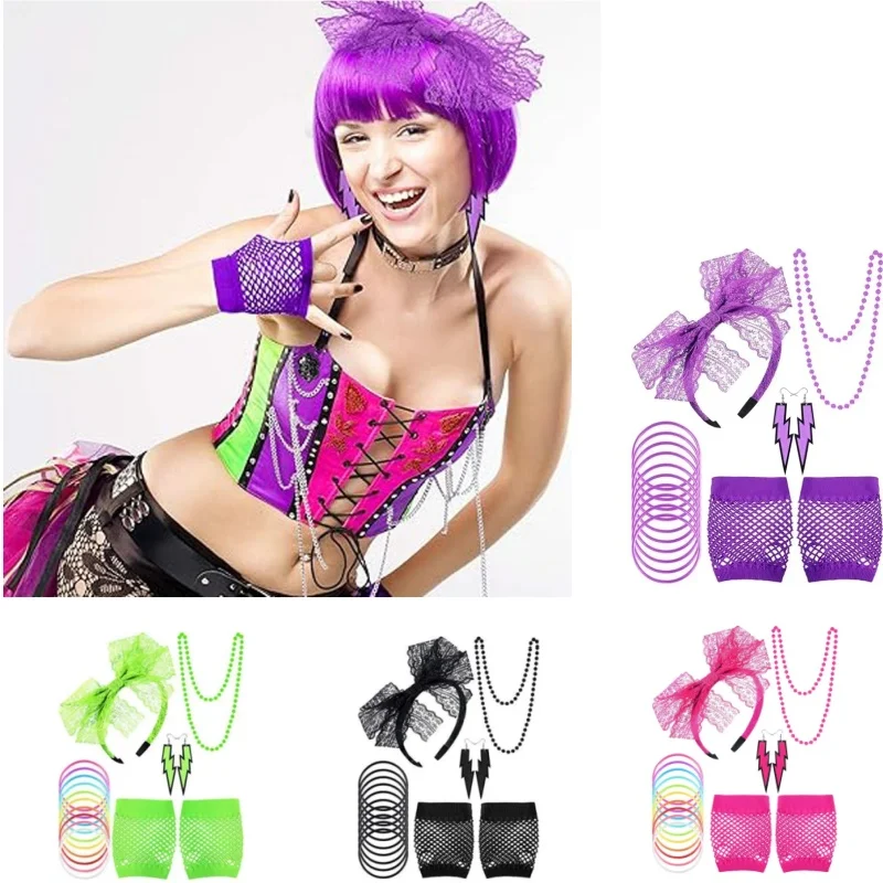 

Halloween Sexy Girl 80s Retro Party Sexy 80s Accessories Women Lace Headband Earrings Fishnet Gloves Necklace Bracelet for Party