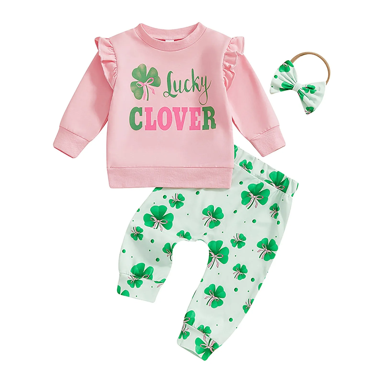 Toddler Baby Girl St Patricks Day Outfit Letter Print Ruffle Long Sleeve Sweatshirt Pants Headband 3pcs Set Conjuntos Para NiñOs