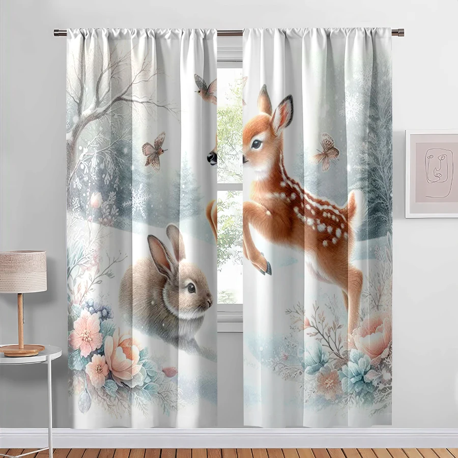 2PCS Digital Print Curtain, Baby Deer and Rabbit in Snowy Forest with Flowers and Butterflies, Dreamy Winter, for Bedroom Decor