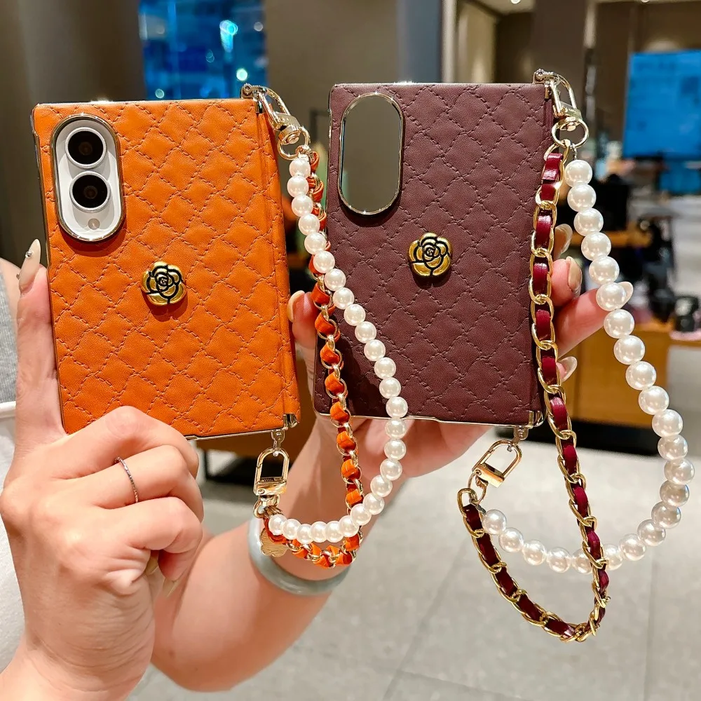 Phone Case For Samsung Galaxy Z Fold 8 Wide Grid Pattern Shell  Protection Hinge Shockproof Bracelet Back Cover