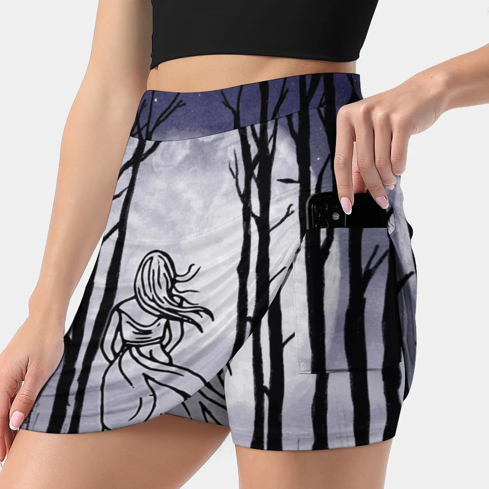 Forest At Night 3 ( Watercolor Style ) New Women Skirts Double-Layer Printed Short Dress Mini Sport Skirt Night Watercolor Moon