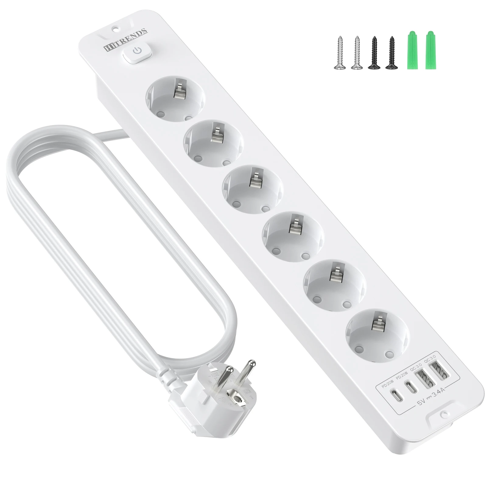 6-way European plugs Power Strip Desktop Built in Socket with 2m cable, Multiple Electric Outlet USB Fast Charge for home