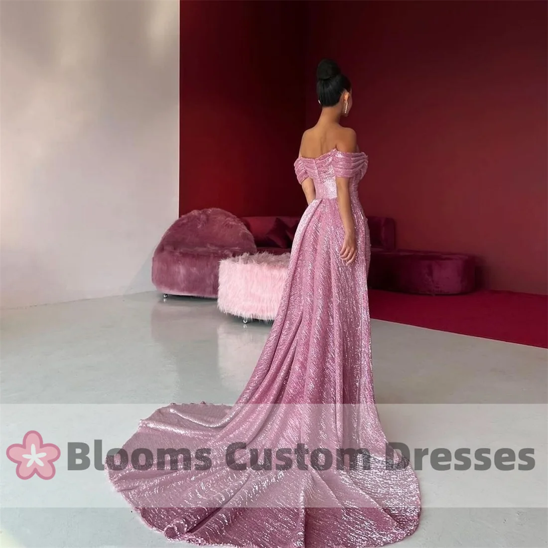 Blooms Peach Pink Shiny Mermaid Customized Evening Dresses For Formal Occasion Party Gown Off Shoulder Prom Dress 2024 Newest