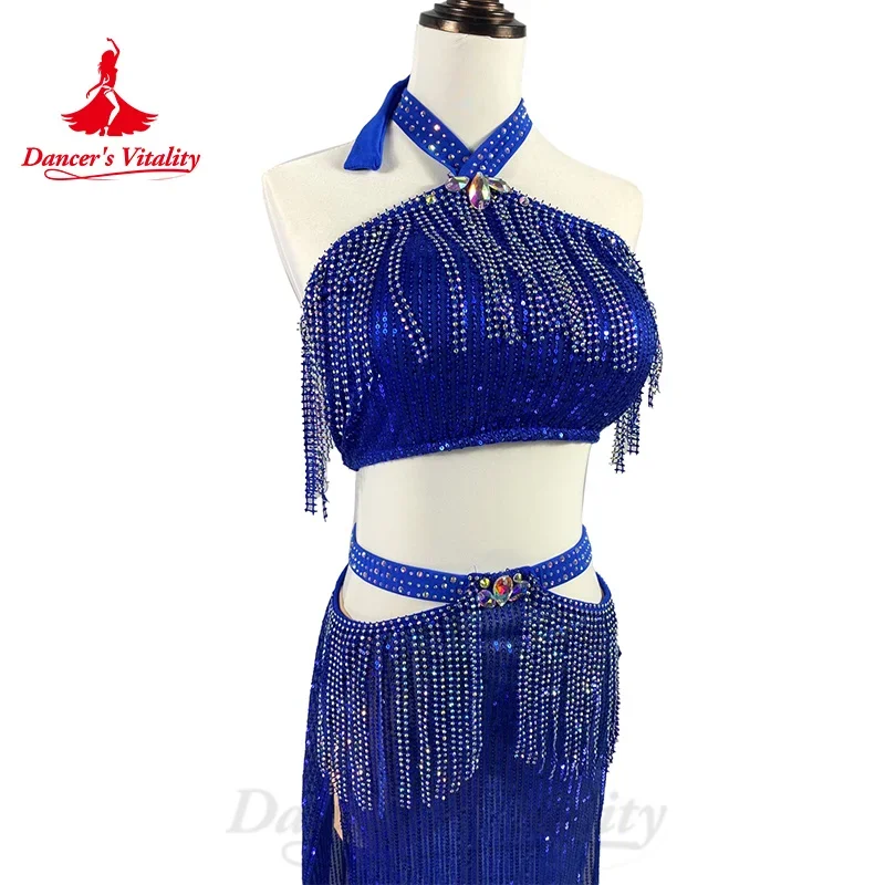 BellyDance Costume Suit Women\'s Customization Sleeveless Fringe Top+sequin Split Long Skirt Oriental Dance Performance Costumes