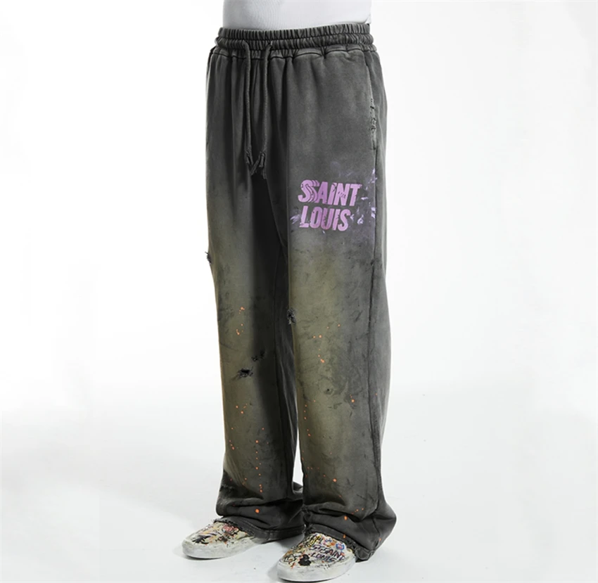 SSSAINT LOUIS Graffiti Printed Straight Leg Casual Pants High Street Casual Loose Cotton Autumn/Winter Vintage Washed Sports