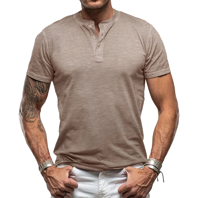 

New Summer Men's Solid Color Short-sleeved Henry Shirt T-shirt