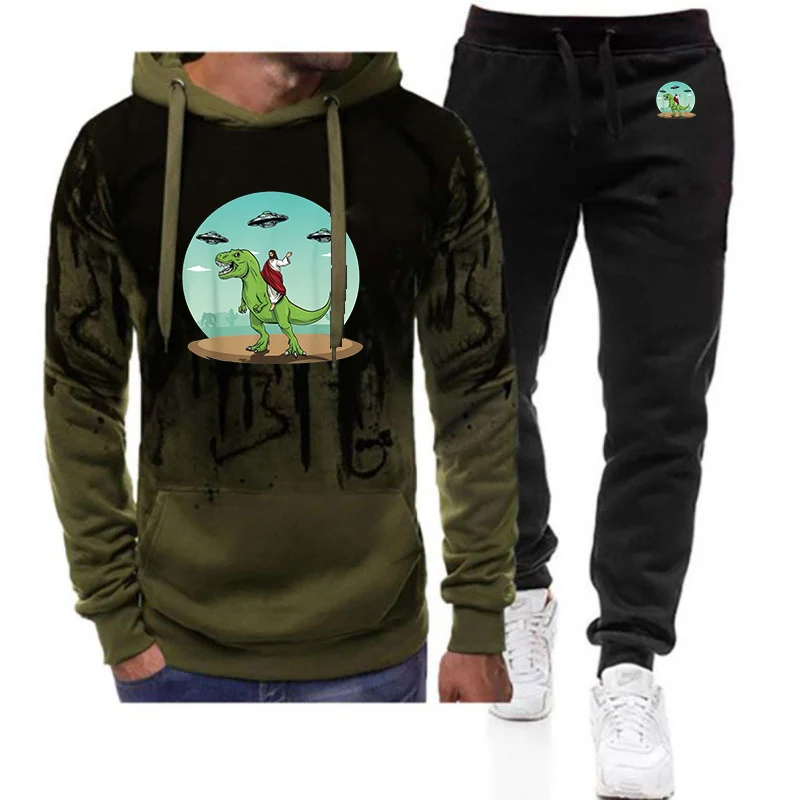 

Dinosaur Jesus Logo Print 2025 Men's Suitable Spring And Autumn Loose Fitness Hoodies Leisure Sports Long Pants Suits