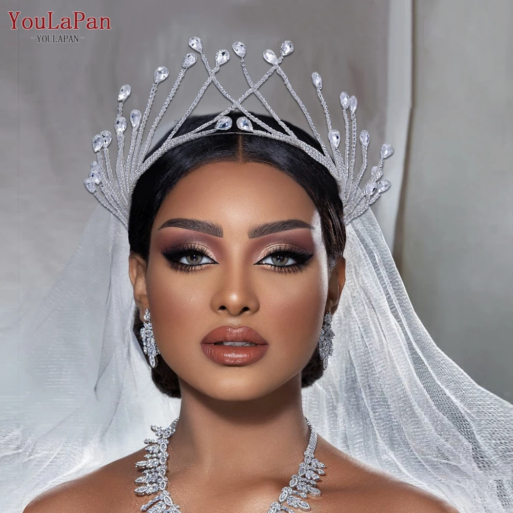 YouLaPan حجر الراين عقال للرأس على شكل تاج رائعة العروس وصيفه الشرف أغطية الرأس النساء التيجان خوذة الزفاف تاج الشعر التبعي HP497 #1