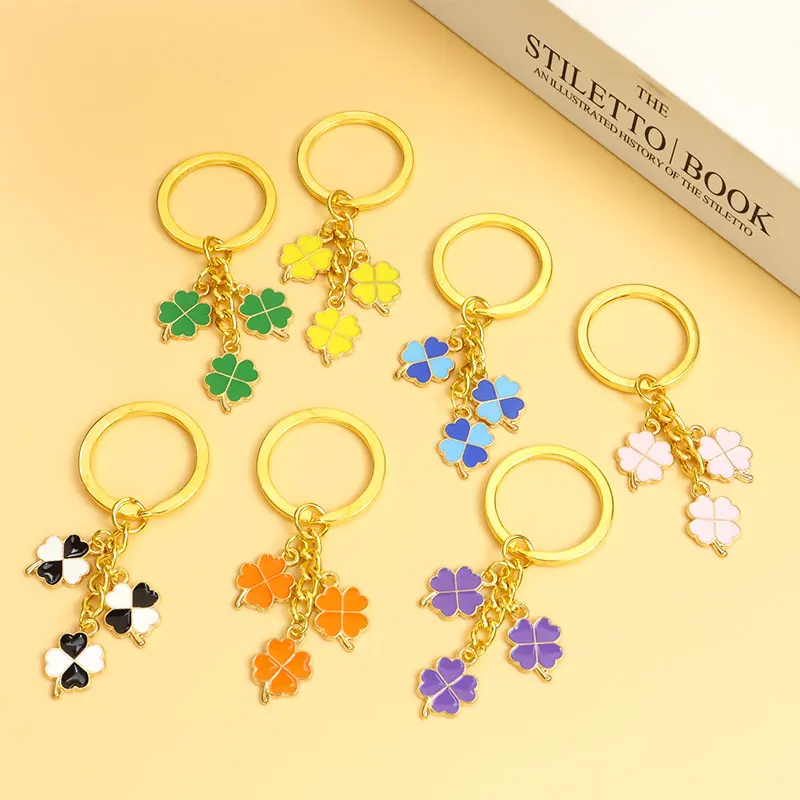 Colourful Four-leaf Clover Enamel Keychain Couple Friend Fashion Trinket Bag Keys Good Fortune Pendant Lucky Grass Alloy Keyring