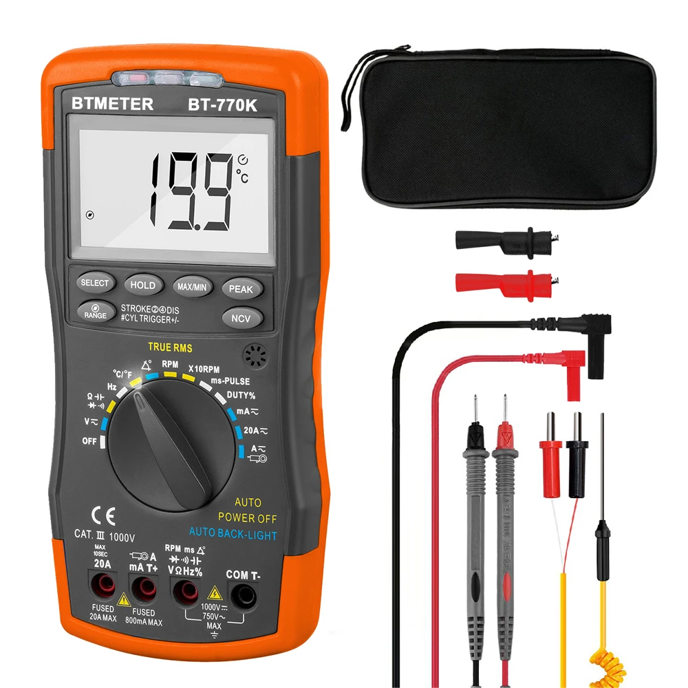 Multímetro Digital Bt770k Auto Ranging para Dwell Angle Pulse Largura Tach Temperatura Duty Corrente Tensão Resistência Teste