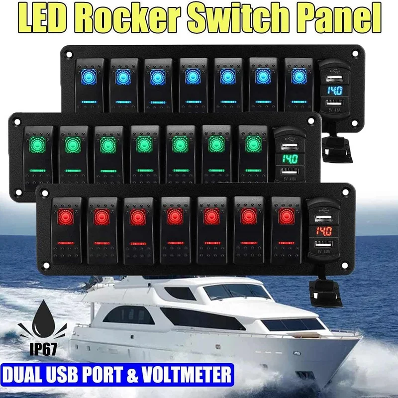 Car Waterproof Marine Boat Rocker Switch Panel 8 Gang 12V/24V Circuit Breaker Dual USB Slots Light Button