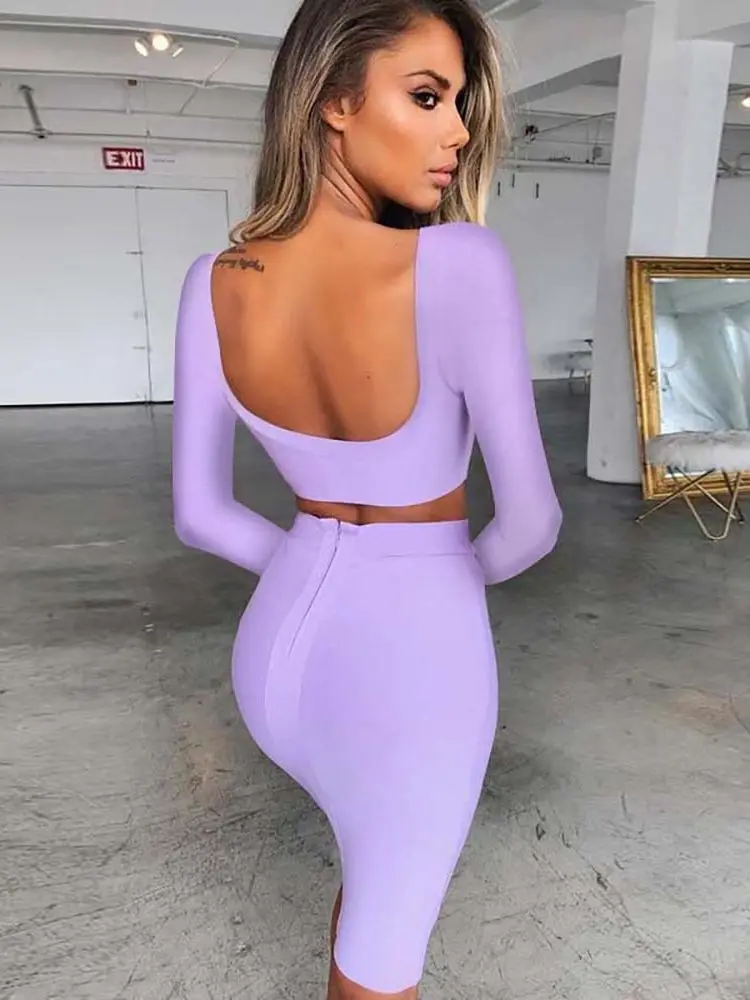 Bandage Dress Sets Autumn Winter 2021 Women Sexy Long Sleeve Crop Top And Bodycon Skirt Two Piece Set Lilac Club Party Outfit