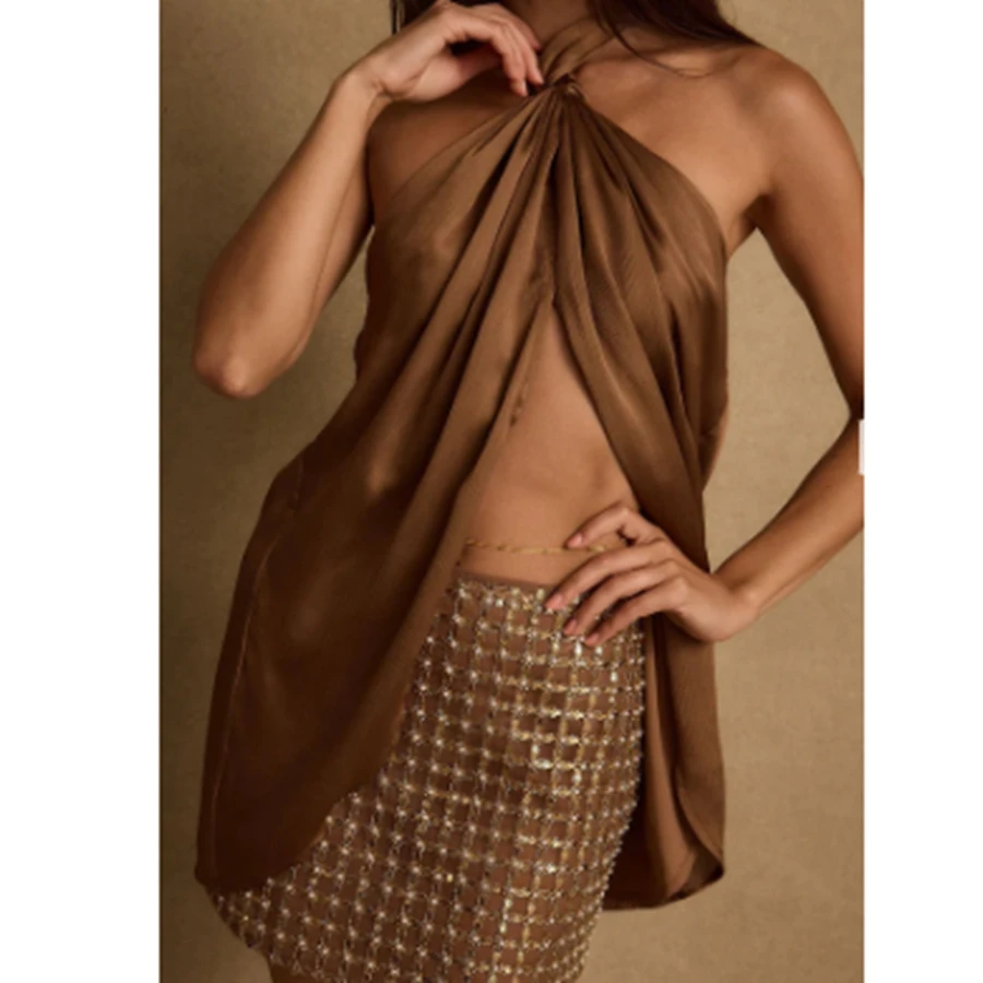 Deep Brown Y2K Halter Top Open Fork Design Sleeveless Backless Luxury Long Tank Top Solid Color