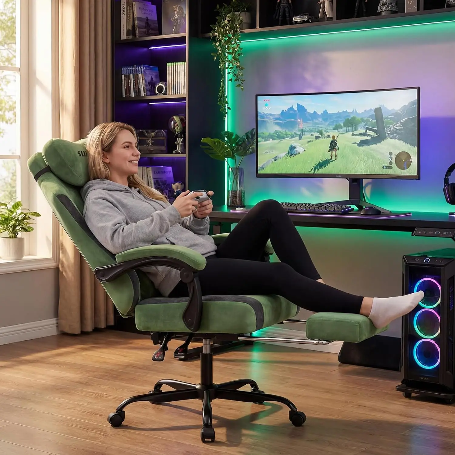 Fabric Video Gaming Chair, Ergonomic High-Back Computer Game Chairs with Large Massage Adjustable Lumbar Support, Headrest and Linked Armrests for Long Hours Sitting Task Chair, Green