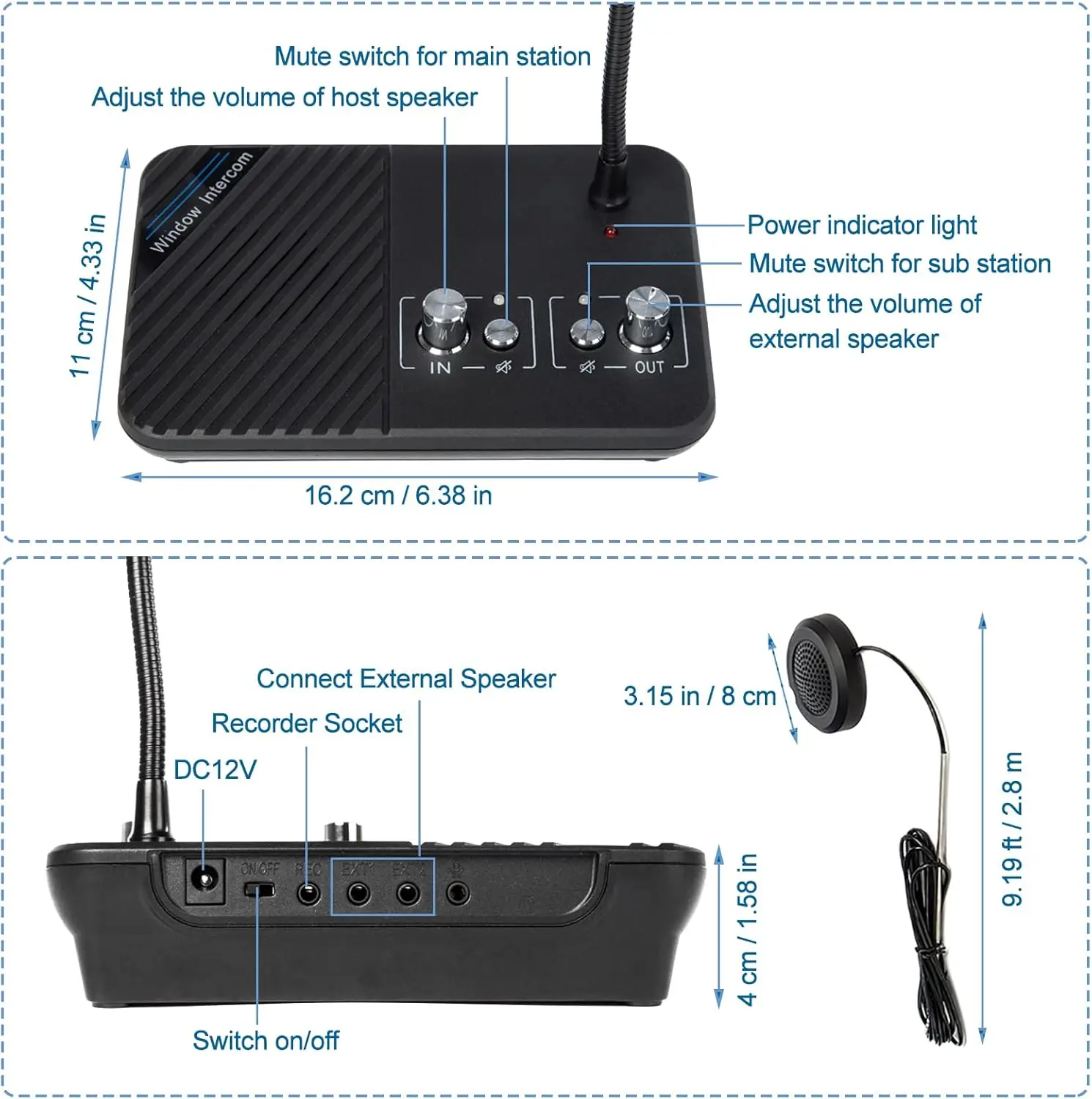 3W ป้องกันการรบกวน Dual Way Intercommunication ไมโครโฟนและลําโพง Interphone Window Counter Intercom สําหรับโรงพยาบาลธนาคาร