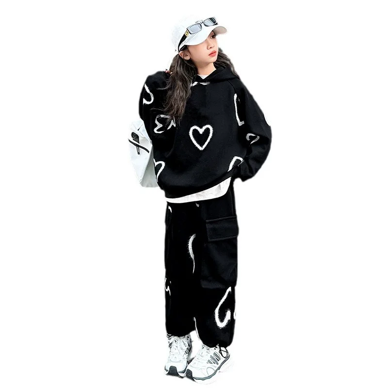 Spring Fall School Girls Sport Suit Printed Hooded Sweatshirt+Sport Pants 2pcs Teen Kids Clothes Set Children Tracksuit outfit