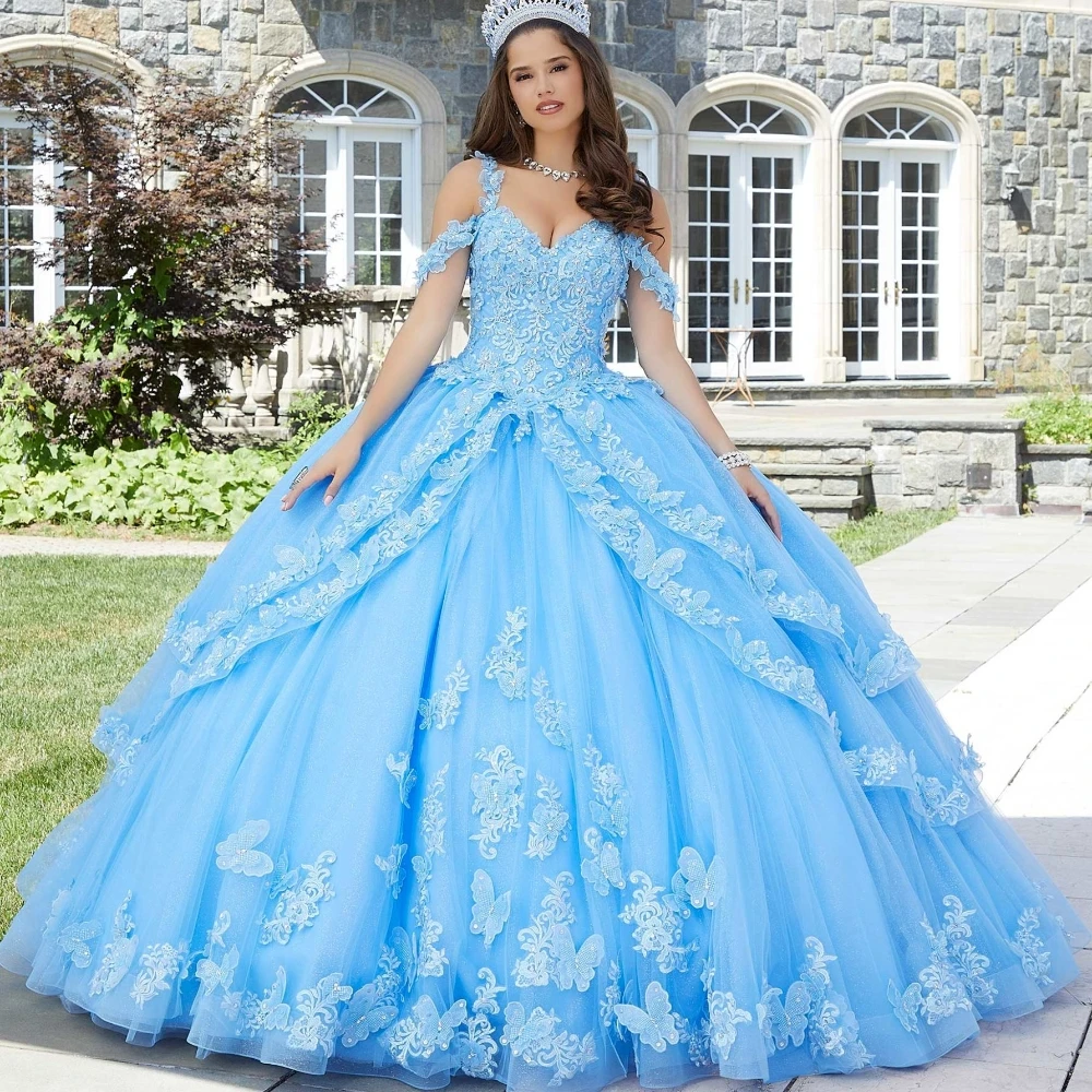 EVLAST Fairytale Blue Quinceanera Dress Ball Gown Crystal Beaded Appliques Butterflies Layered Sweet 16 Vestidos XV Años TQD122