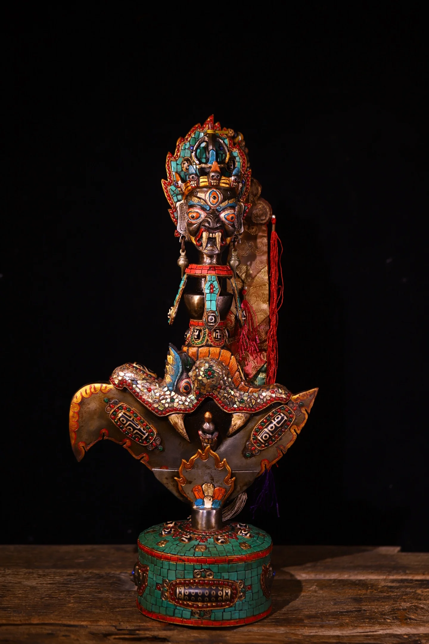 21"Tian Tie Mosaic Gem gZi Beads Turquoise Mahakala Buddha Head Vajra Tomahawk  Beast head base Worship Hall Town house