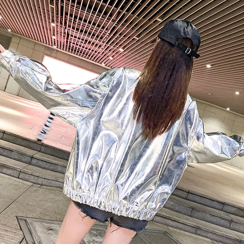 Spring Oversized Cool Silver Gold Blue Shiny Reflective Patent Pu Leather Jacket Women with Hood Unisex Y2K Clothes