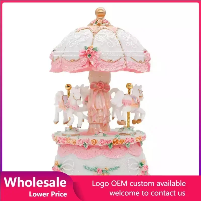 

LED Carousel Music Box LED Light Resin Rotating Mini Music Box Kids Ornament Crafts Birthday Wedding Gifts Home Desk Decoration