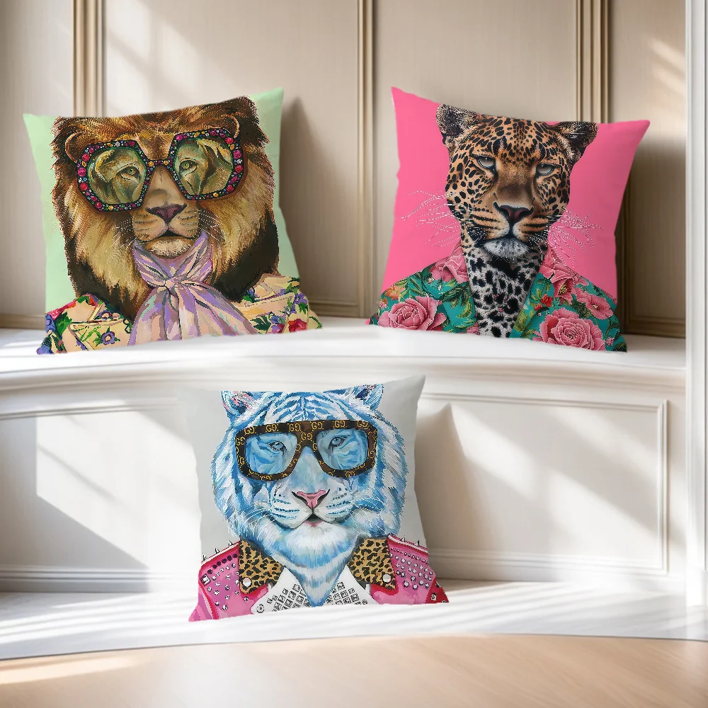fashion art vintage Lion leopard Tiger Flower Hat soft Comfort Pillowcase Sofa Living Room Home office Decor Protective Covers